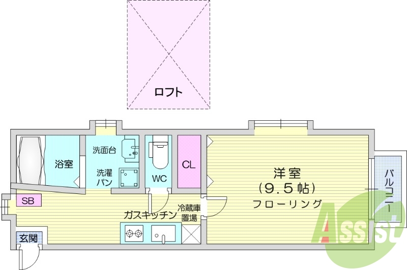 １K、ロフト付き、駐車場無料、独立洗面台