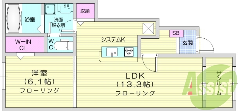 1LDK、インターネット無料、ウォークインクローゼット付き
