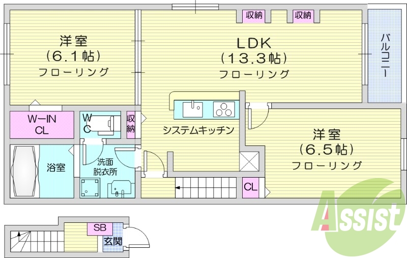 2LDK、インターネット無料、ウォークインクローゼット付き