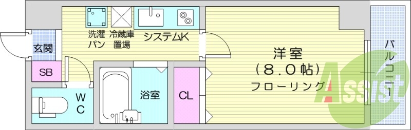 1K、温水洗浄便座、室内洗濯機置き場、システムキッチン