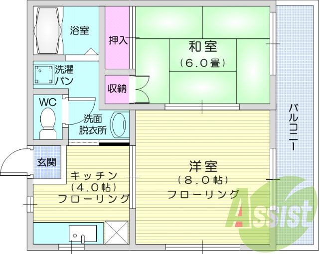 2K、エアコン、室内洗濯機置場、トイレ浴室別、収納