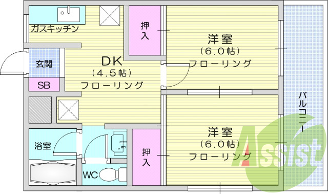 ２DK、バス・トイレ別、独立型キッチン、追焚機能