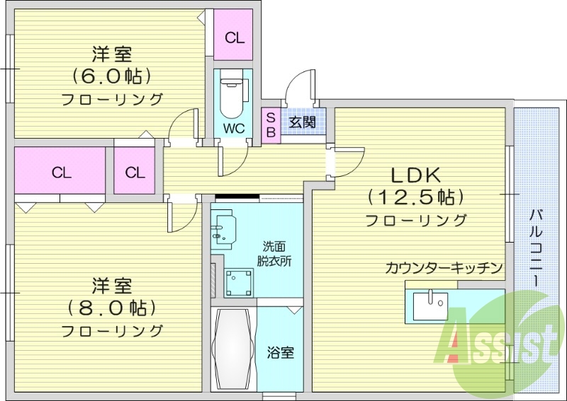 2LDK、浴室乾燥機、カウンターキッチン、