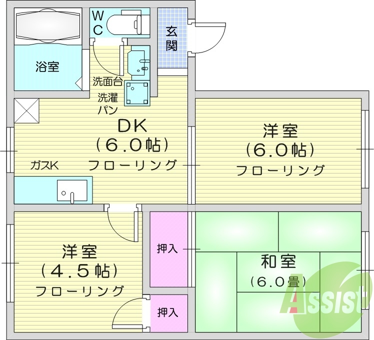 3DK、バストイレ別、独立洗面化粧台、エアコン2基