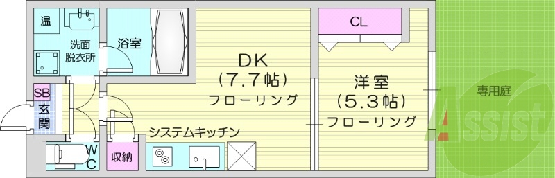 1DK、浴室乾燥機、IHコンロ、TVモニターホン、専用庭