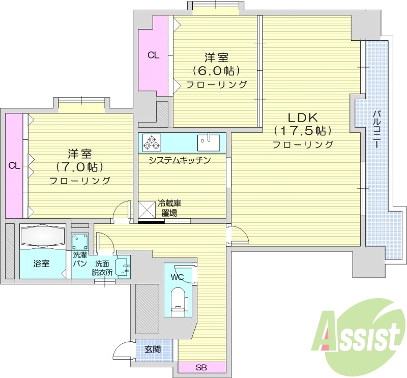 2LDK、システムキッチン、エアコン、オートロック