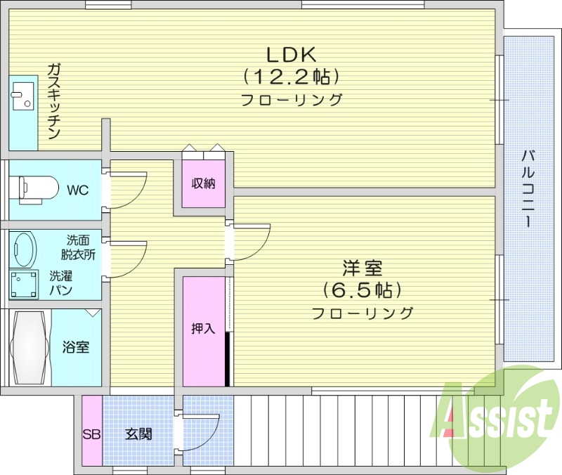 1LDK、南向き、都市ガス、ペット相談可能、エアコン