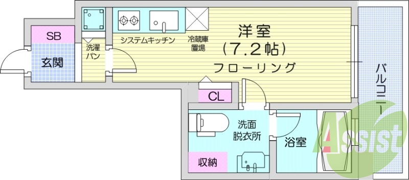 1R、システムキッチン、浴室乾燥機、オートロック