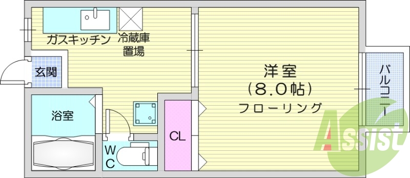 1*、洋室、バルコニー、ガスキッチン、東向き