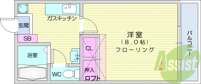 1K、給湯、エアコン、シャンプードレッサー、インターホン