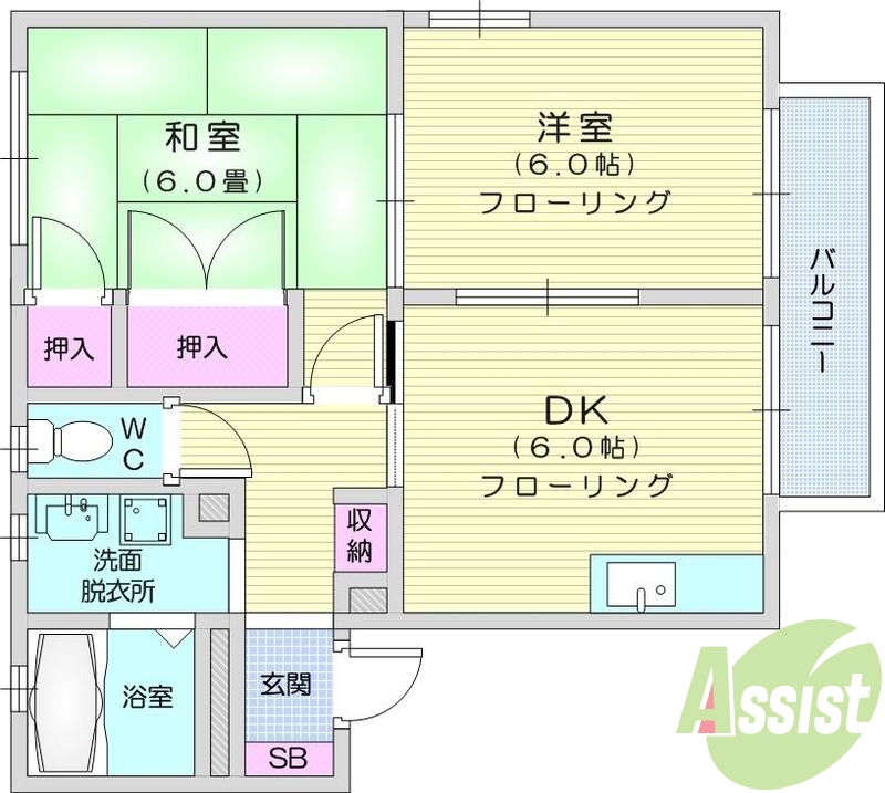 2DK、エアコン、市tない洗濯機置場、トイレ浴室別、収納
