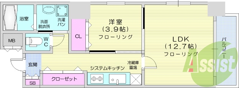 1LDK、2面採光、角部屋、浴室乾燥、家具家電付き