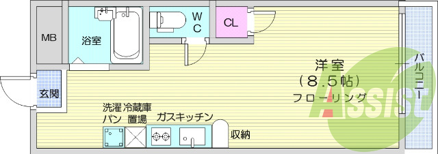 1R、バストイレ別、室内洗濯機置き場、エアコン