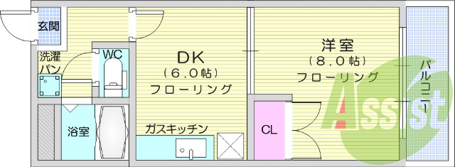 1DK、エアコン、室内洗濯機置場、クローゼット、バストイレ別