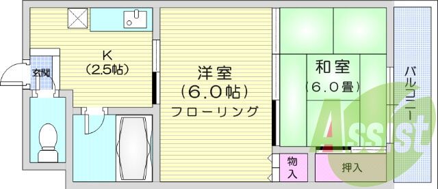 2K、都市ガス、バストイレ別、エアコン、室内洗濯機置き場