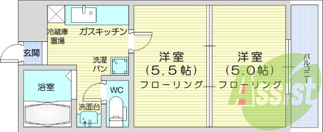 1K、水道定額、バス・トイレ別、南向き、エアコン
