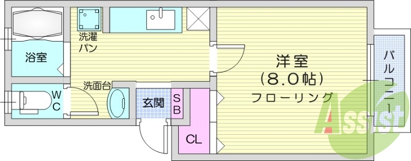 1K、エアコン、室内洗濯機置き場、トイレ浴室別、収納