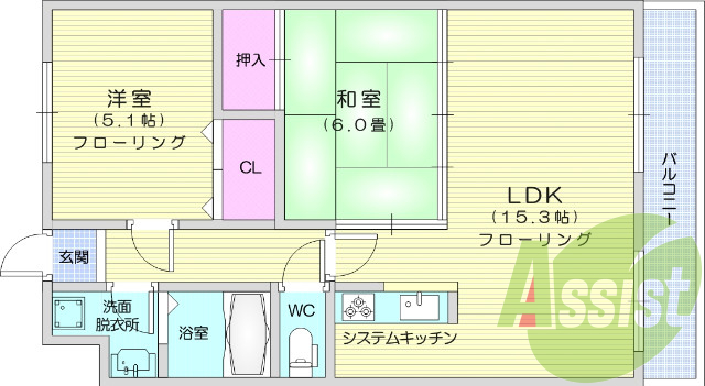 2LDK、オートロック、エアコン、ウォシュレット、洗髪洗面台