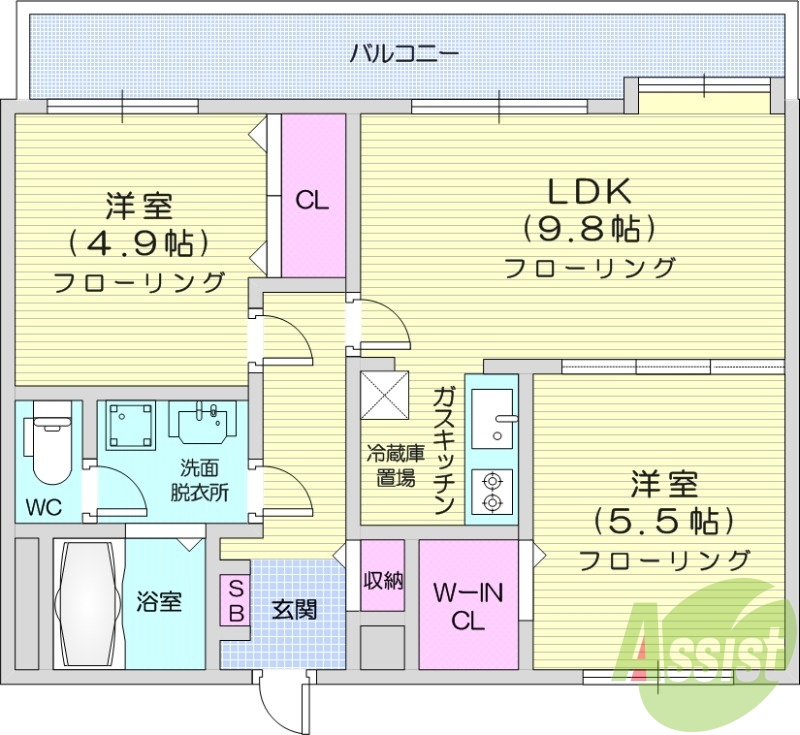 2LDK、バストイレ別、陽当たり良好、室内洗濯置場