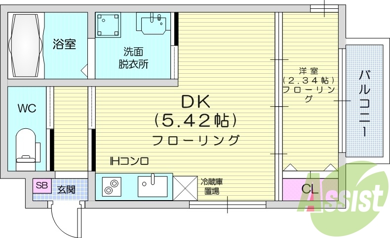 １DK、独立洗面台、浴室乾燥機、室内洗濯機置場、温水洗浄便座