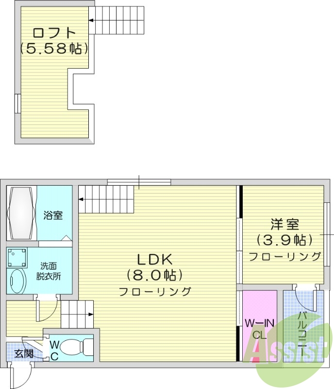 1LDK、浴室乾燥機、ロフト付き、インターホン