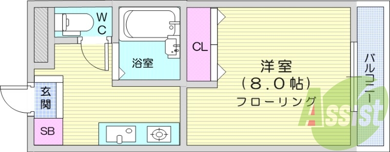 1K、鉄筋コンクリート造、エアコン付き、バストイレ別