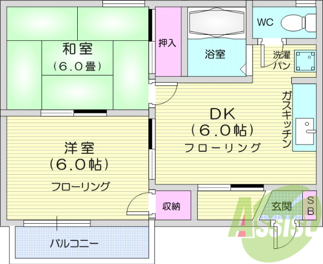 ２DK、南向き、角部屋、都市ガス、温水洗浄便座、追い焚き機能