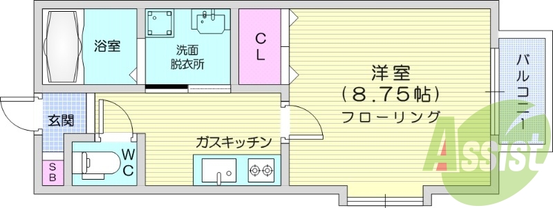 1K、カメラ付きインターホン、温水洗浄便座、エアコン