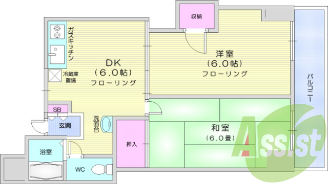 2DK、追い焚き機能、洗面台、プロパンガス、エアコン