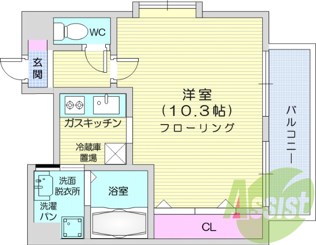 1K、TV付き浴室、追い焚き機能付き、都市ガス