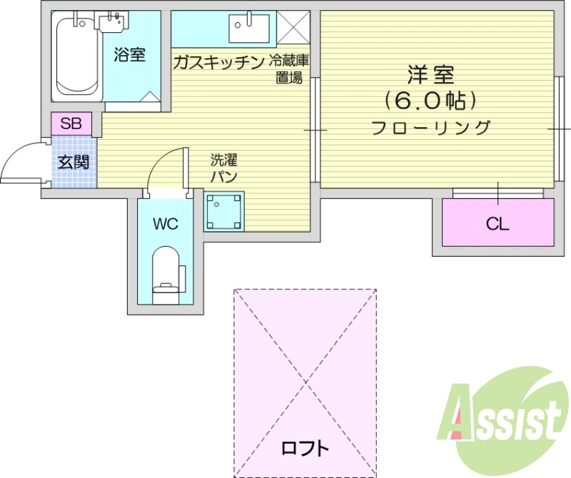 1K、ロフト、冷暖房エアコン、シャワートイレ、バス・トイレ別