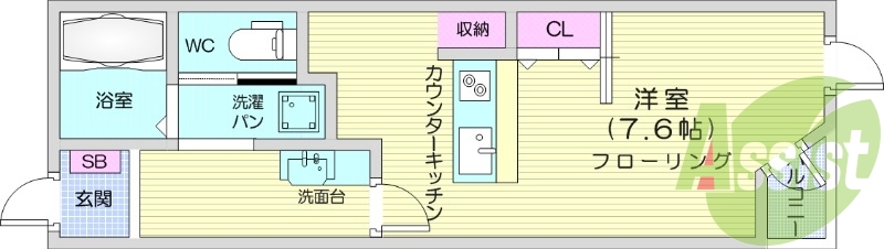 ワンルーム、システムキッチン、独立洗面台。