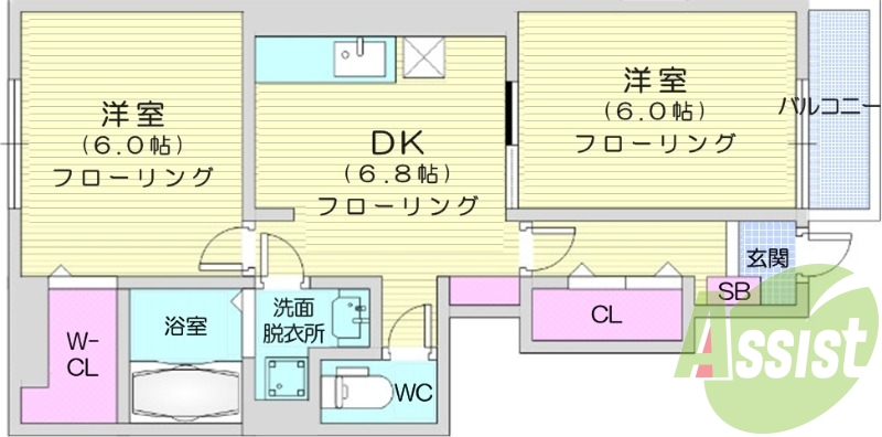 2DK、エアコン、浴室乾燥機、温水洗浄便座
