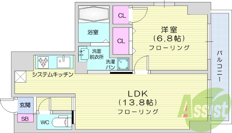 1LDK、浴室乾燥機、都市ガス、モニター付きインターホン