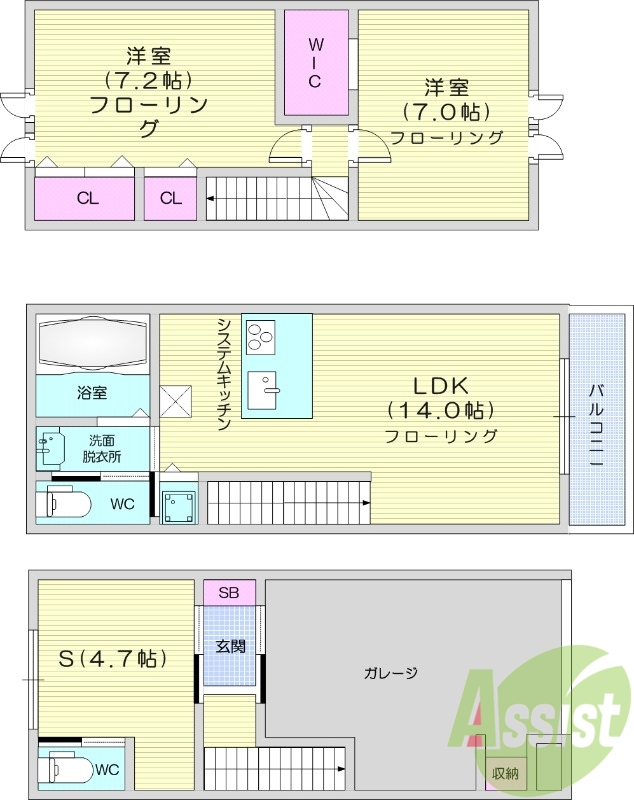 2LDK、納戸、バルコニー、ガレージ、クローゼット