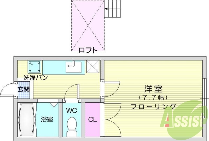 １Ｋ、ロフト付き、バストイレ別、収納、インターホン