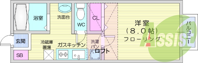 1K、バストイレ別、室内洗濯機置き場、ロフト