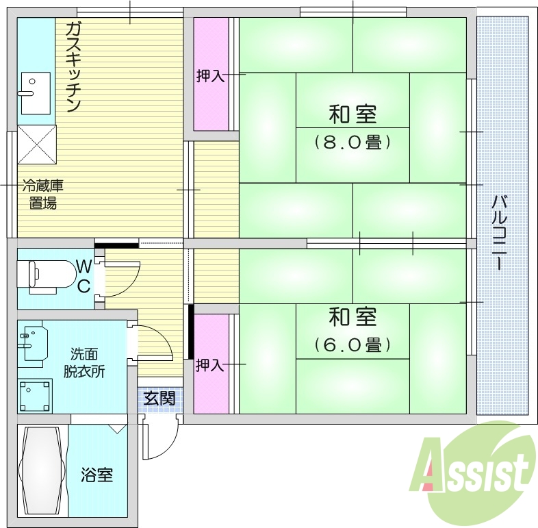 2DK、バストイレ別、バルコニー付き、独立洗面化粧台