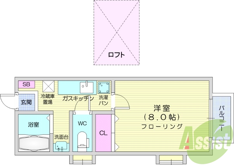 1K、ロフト、バルコニー、フローリング。