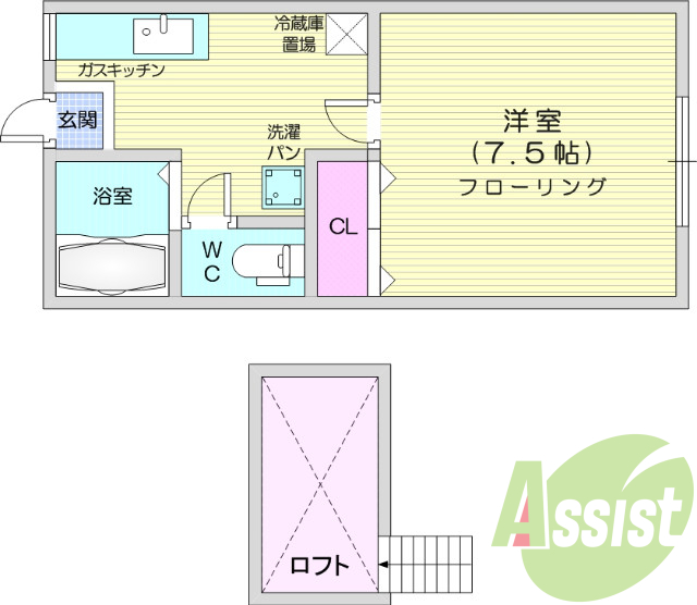 1K、バストイレ別、エアコン付き、ロフトあり