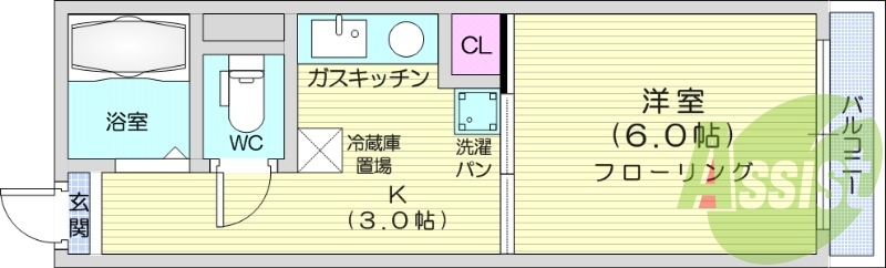 1K、日当たり良好、エアコン、システムキッチン付き。