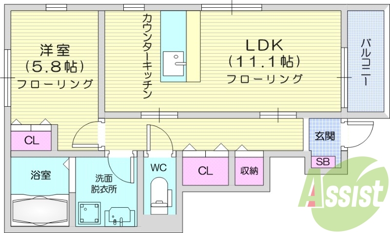 1LDK、ネット使用料不要、フローリング。