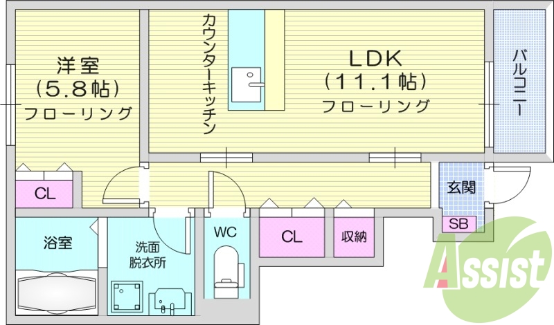 1LDK、ネット使用料不要、フローリング。