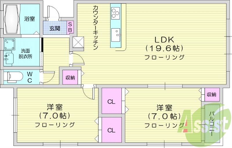 2LDK、IHコンロ、19帖以上のリビングルーム