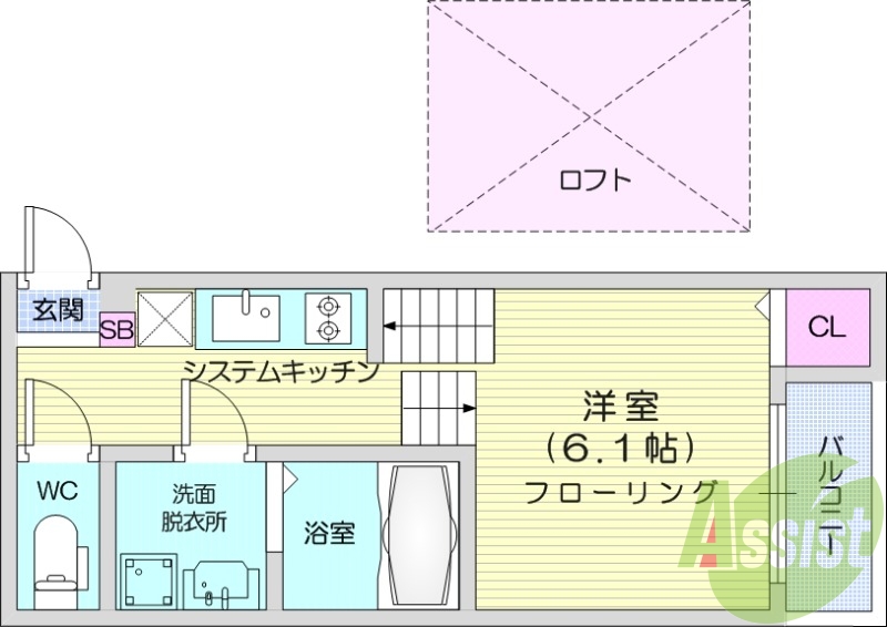 1K、ロフト、システムキッチン、エアコン。