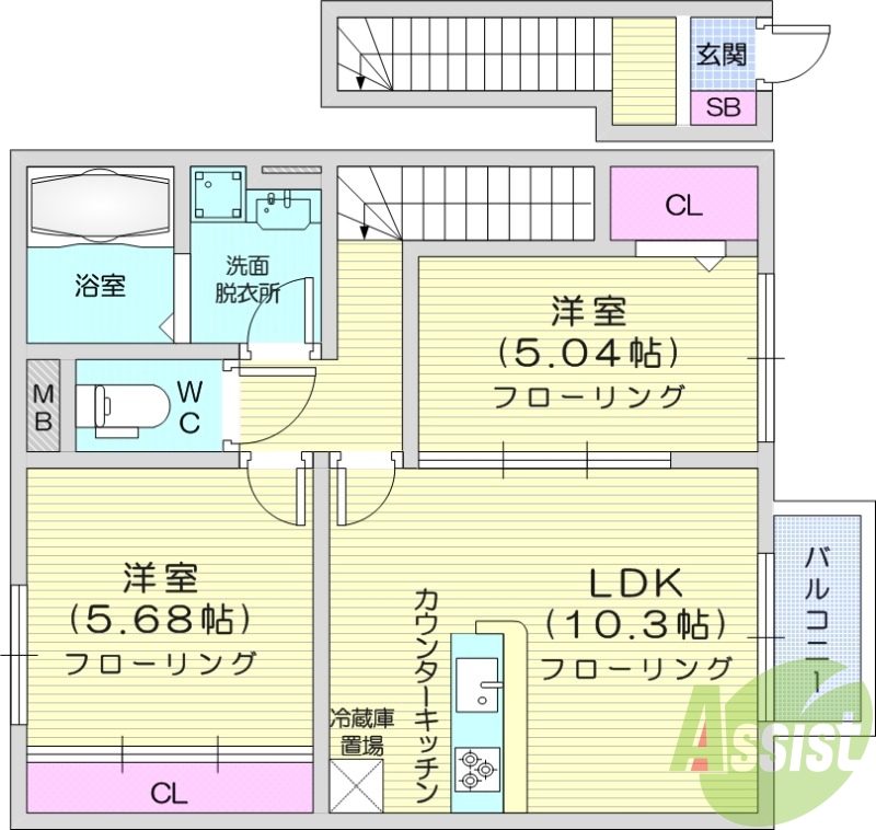 2LDK、浴室乾燥機、温水洗浄便座、カウンターキッチン