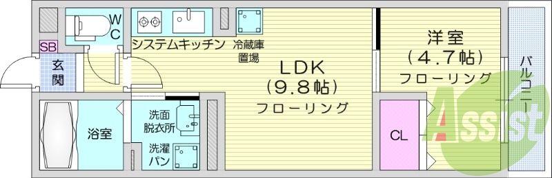 1LDK、IHコンロ2口、都市ガス、オートロック、床下収納