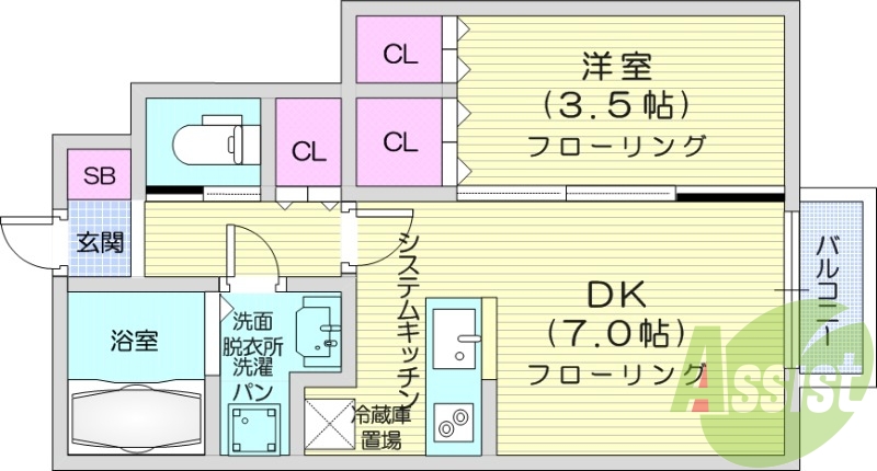 1DK、フローリング、カウンターキッチン