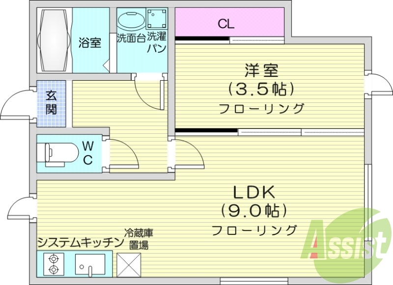 １LDK、都市ガス、2口ガスコンロ、ネット無料