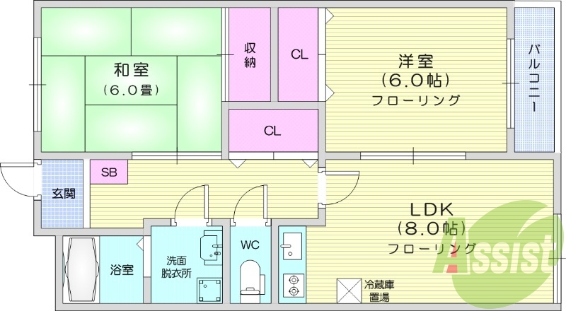 2LDK、エアコン、バストイレ別、洗面所独立、バルコニー